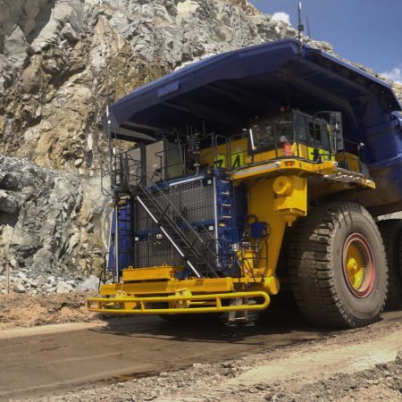Shot of a mining haul truck operating at a mine site in South Africa.