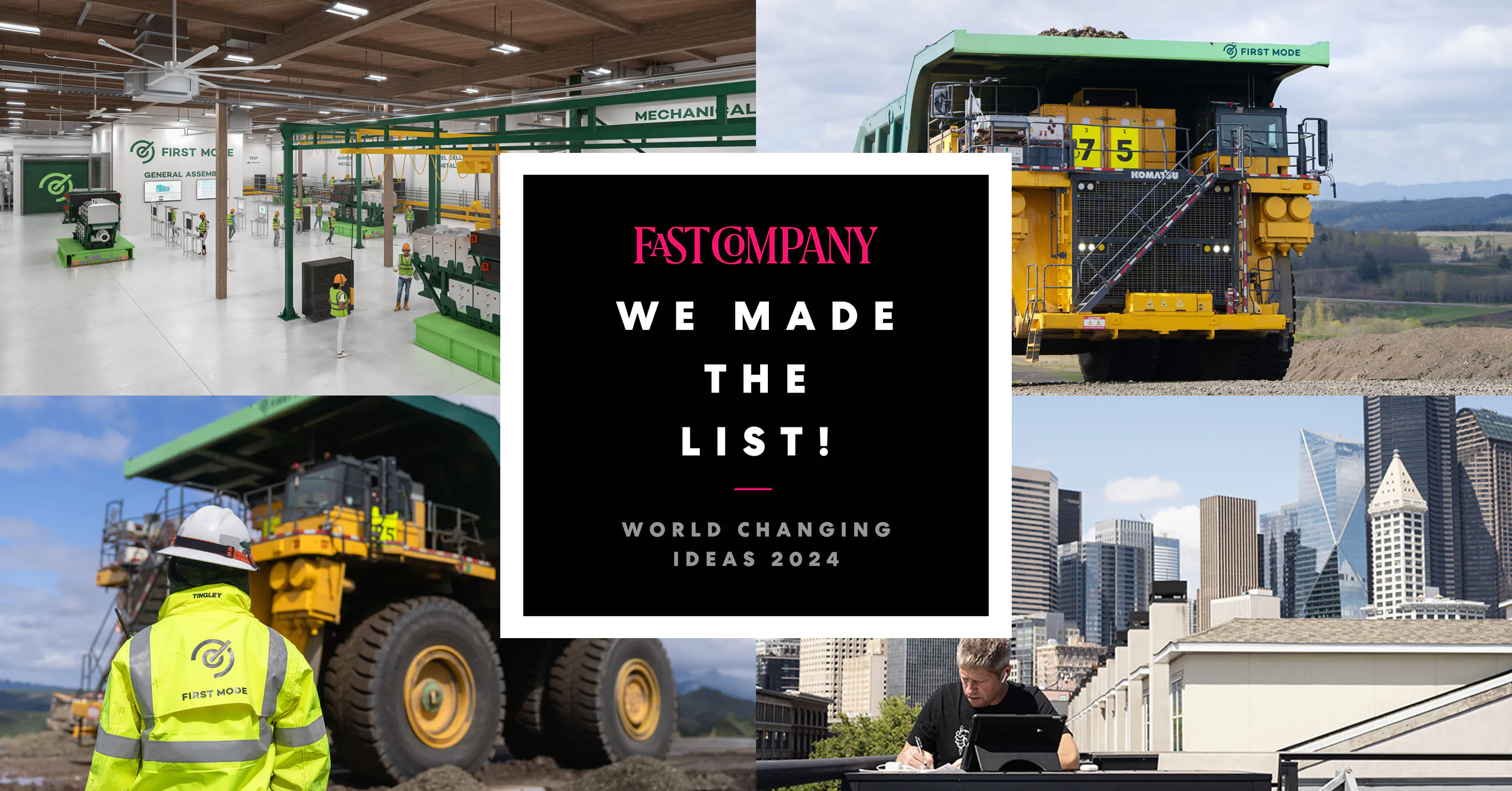 Graphic with heavy haul trucks and text reads: We Made the List! Fast Company's World Changing Ideas.